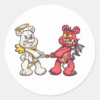 angel and devil teddy bears in a tug of war classic round sticker