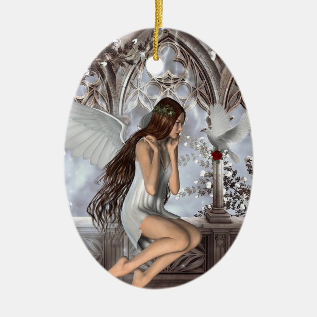 Angel and Her Dove Ceramic Tree Decoration (Front)