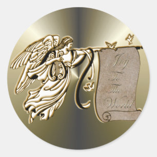 Angel and Joy to the World Scroll Classic Round Sticker