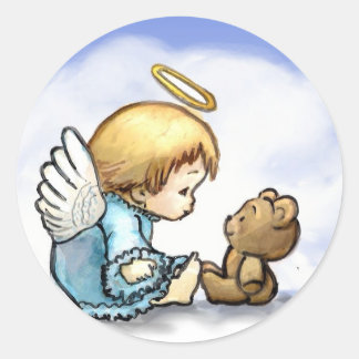 Angel baby and teddy bear classic round sticker