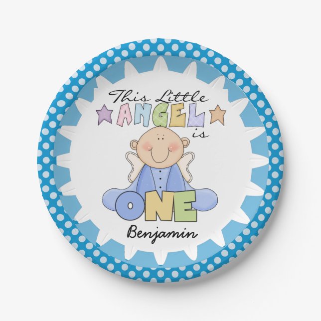 Angel Baby Boy 1st Birthday Paper Plates (Front)