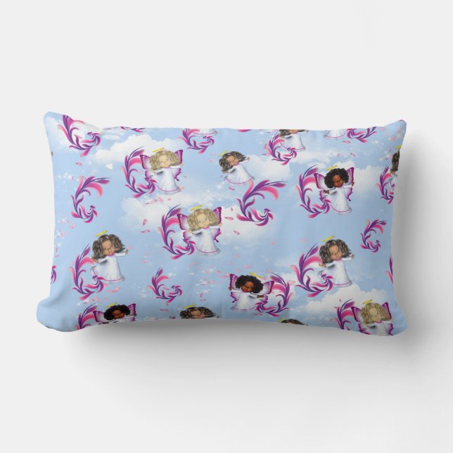 Angel Baby Girls Flying Among Clouds Lumbar Cushion (Front)
