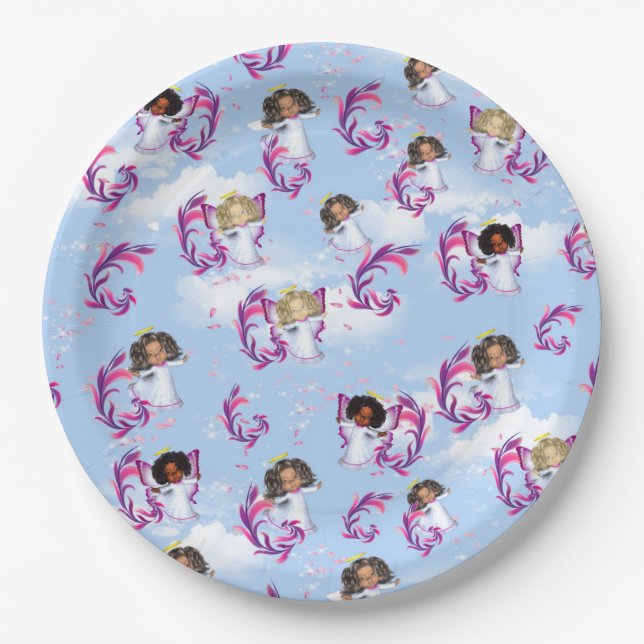 Angel Baby Girls Flying Among Clouds Paper Plate (Front)