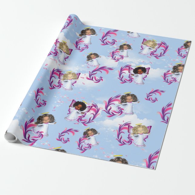 Angel Baby Girls Flying Among Clouds Wrapping Paper (Unrolled)