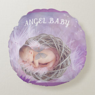 "Angel baby" round throw pillow in purple.