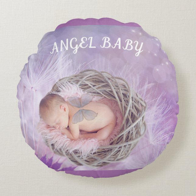 "Angel baby" round throw pillow in purple. (Front)