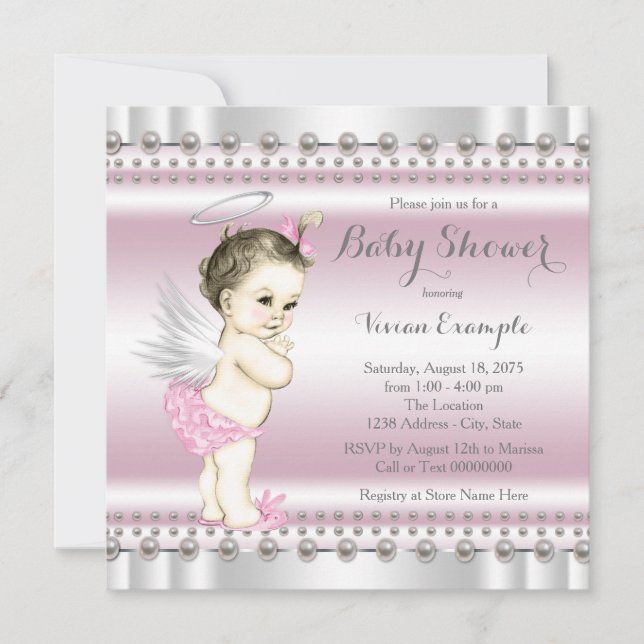 Angel Baby Shower Pink and Grey Invitation (Front)