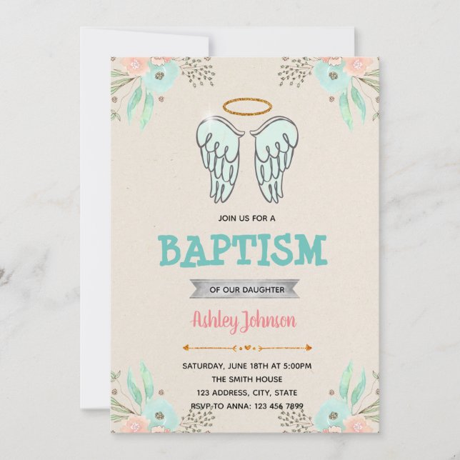 Angel baptism birthday theme party invitation (Front)