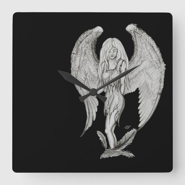 Angel black and white design square wall clock (Front)