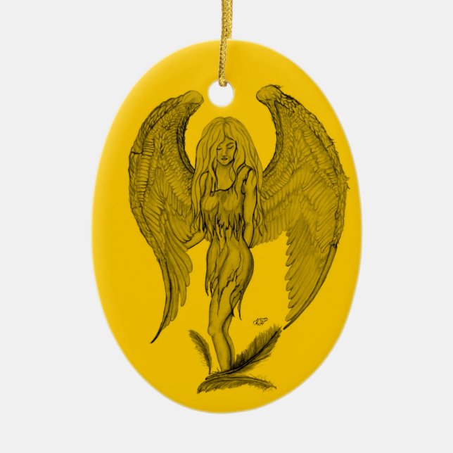 Angel Black and yellow design Ceramic Tree Decoration (Front)