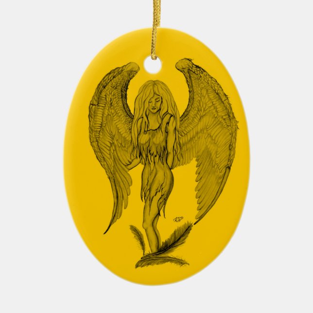 Angel Black and yellow design Ceramic Tree Decoration (Front)