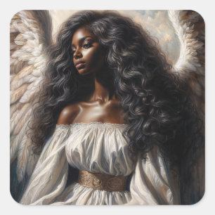 Angel Black Woman With Long Hair Square Sticker