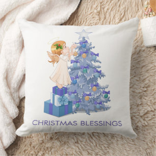 Angel, Blue and Purple Christmas Tree Christmas Cushion