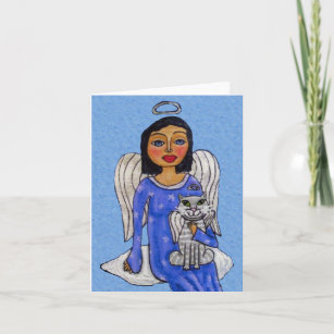 Angel Blue Dress on Cloud With White Angel Cat Holiday Card