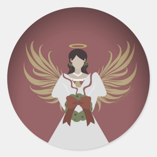 Angel Burgundy Red Christmas Wreath Wings Modern Classic Round Sticker (Front)