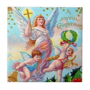 Angel Cherub Christian Cross Bell Wreath Holly Tile