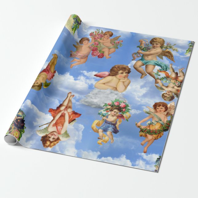 angel cherub clouds antique heavenly victorian wrapping paper (Unrolled)