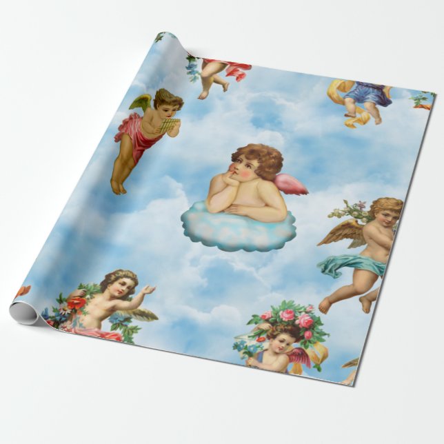 angel cherub clouds antique wrapping paper (Unrolled)