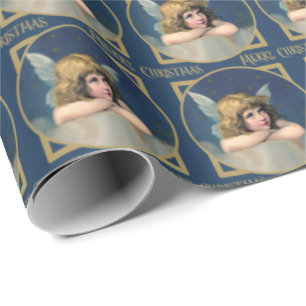 Angel  Cherub Merry Christmas Blue Gold Wrapping Paper