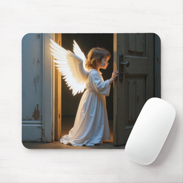 Angel Child Peering Around an Old Door Mouse Mat (With Mouse)
