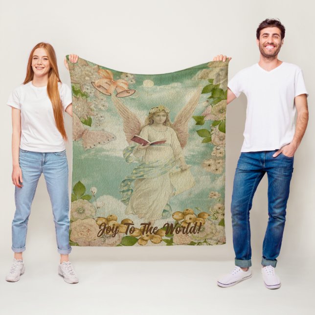 Angel Christmas Bells Joy to the World Personalise Fleece Blanket (In Situ)
