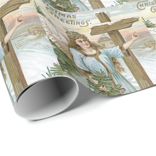 Angel Christmas Tree Cross Winter Cottage Wrapping Paper (Roll Corner)