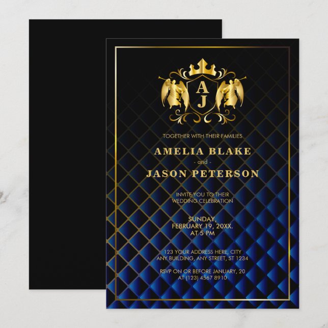 Angel Crest | Gold Royal Blue Luxurious Wedding Invitation (Front/Back)