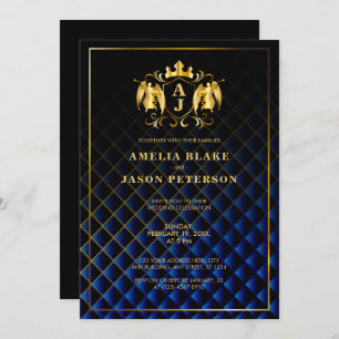 Angel Crest Gold Royal Blue Luxurious Wedding Invitation