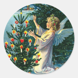 Angel Decorating Christmas Tree 2 Classic Round Sticker