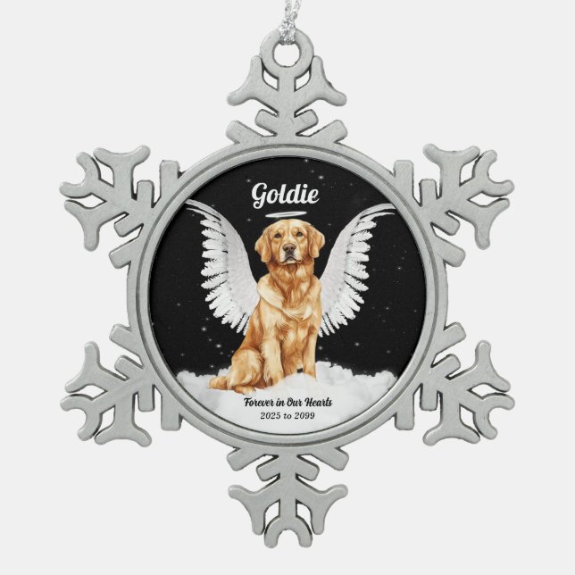 Angel Dog Golden Retriever Memorial Snowflake Pewter Christmas Ornament (Front)