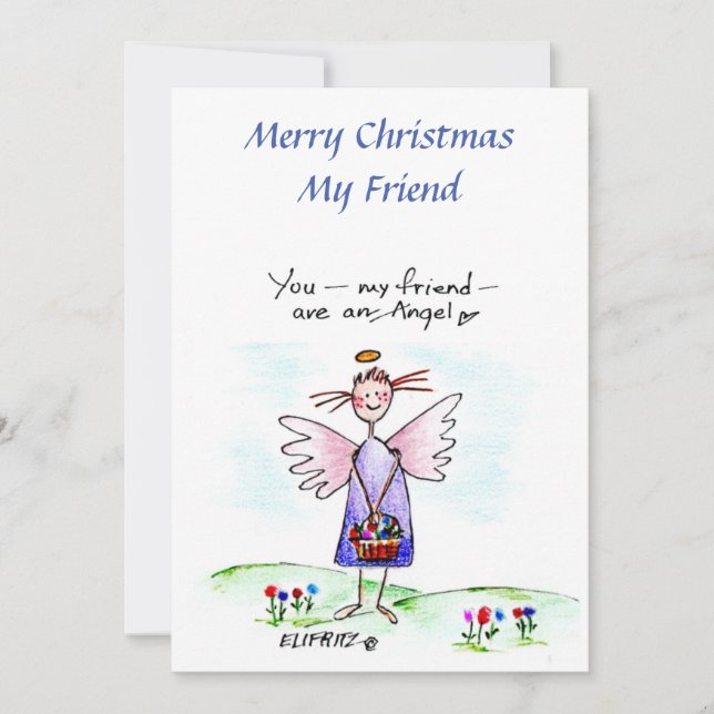 Angel Drawing Purple Blue Green "You My Friend"  H Holiday Card (Front)