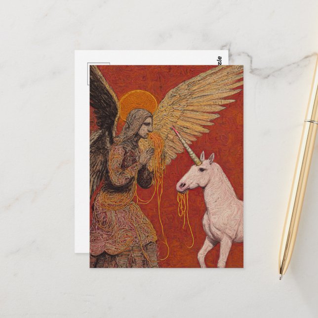 Angel Eating Spaghetti with a unicorn Postcard (Front/Back In Situ)