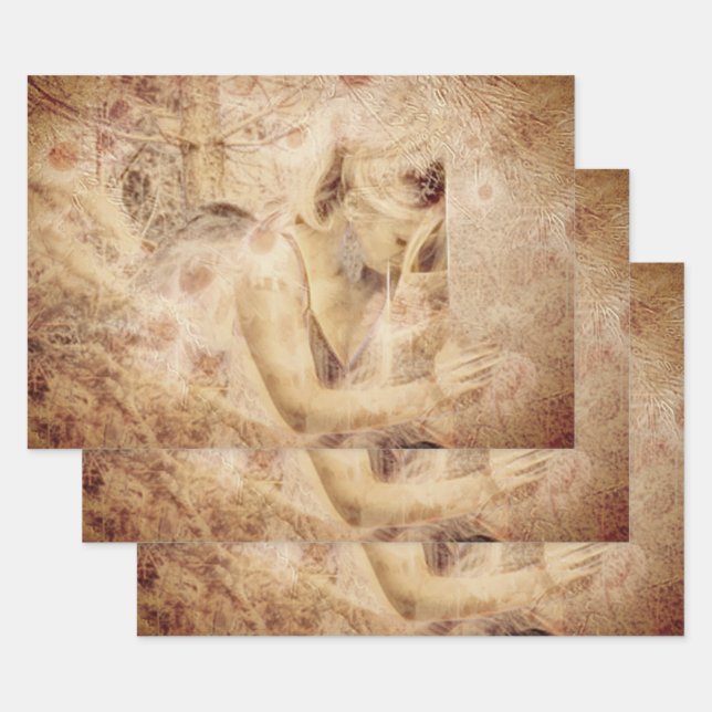 Angel Elegant Glowing Brown Sepia Floral Antique Wrapping Paper Sheet (Set)