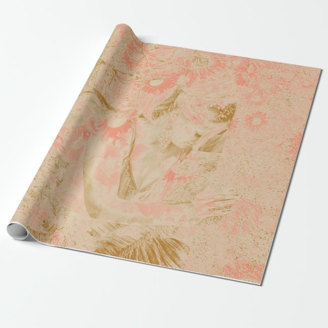 Angel Elegant Heavenly Sepia Pink Floral Antique Wrapping Paper (Unrolled)