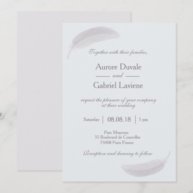 Angel feather baby blue white grey elegant wedding invitation (Front/Back)