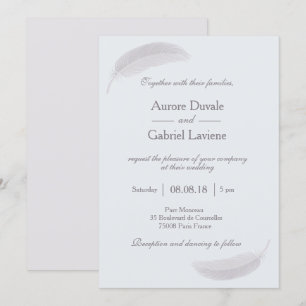 Angel feather baby blue white grey elegant wedding invitation