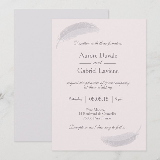 Angel Feather Blush Pink Grey Elegant Wedding Invitation (Front/Back)