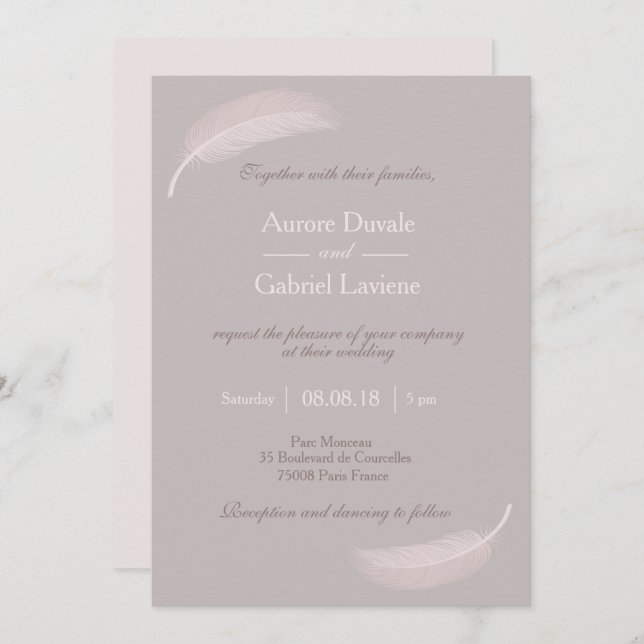 Angel feather blush pink taupe elegant wedding invitation (Front/Back)