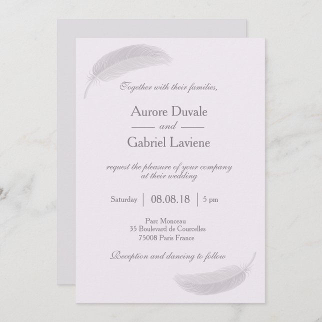 Angel feather lilac grey positive energy wedding invitation (Front/Back)