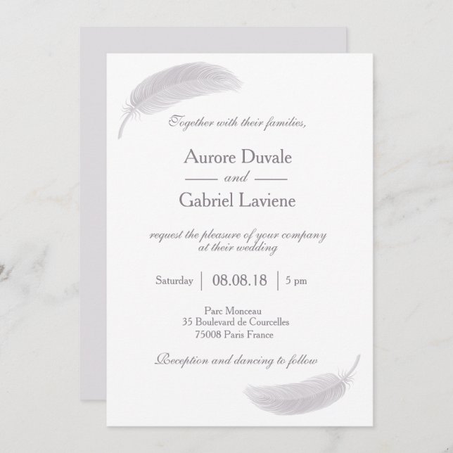 Angel Feather Lilac White Grey Elegant Wedding Invitation (Front/Back)