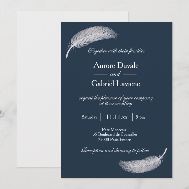 Angel Feather Navy Blue White Whimsical Wedding Invitation (Front/Back)