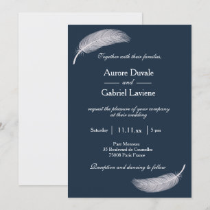 Angel Feather Navy Blue White Whimsical Wedding Invitation