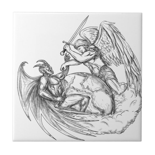 Angel Fighting Demon over Earth World Tattoo Tile (Front)