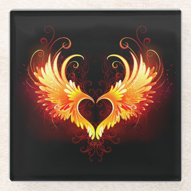 Angel Fire Heart with Wings Glass Coaster (Front)