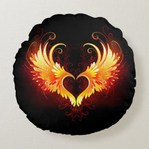 Angel Fire Heart with Wings Round Cushion