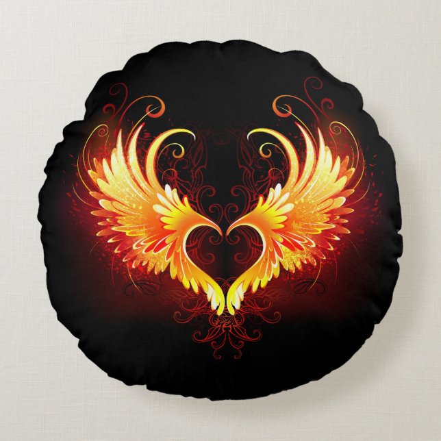 Angel Fire Heart with Wings Round Cushion (Front)