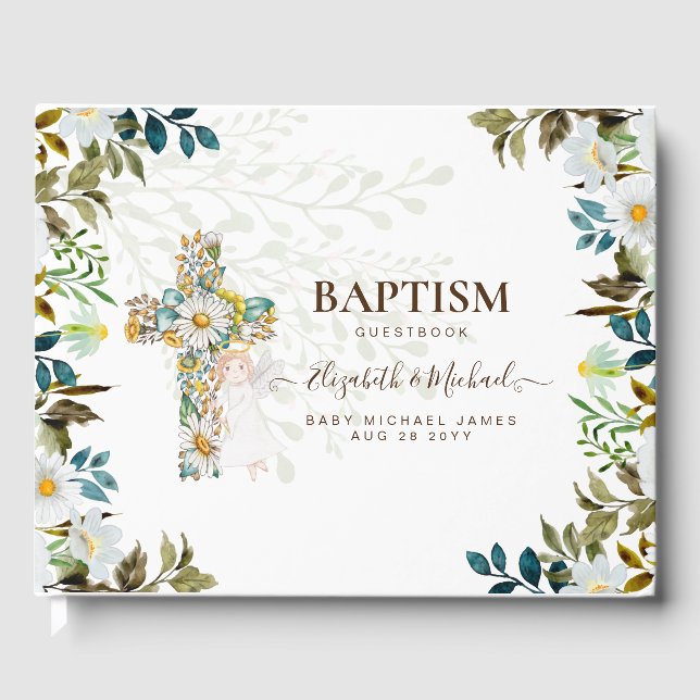 Angel Floral Cross Greenery Baptism Christening Guest Book (Front)