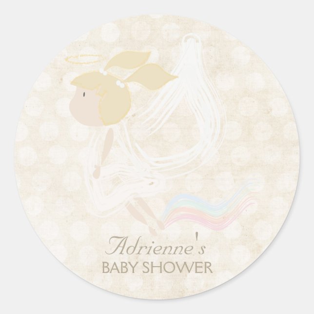 Angel Flying Personalised Baby Shower Tag Sticker (Front)