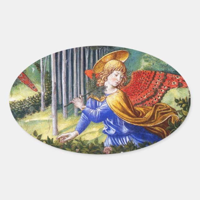Angel Gathering Flowers in a Heavenly Landscape Oval Sticker (Front)