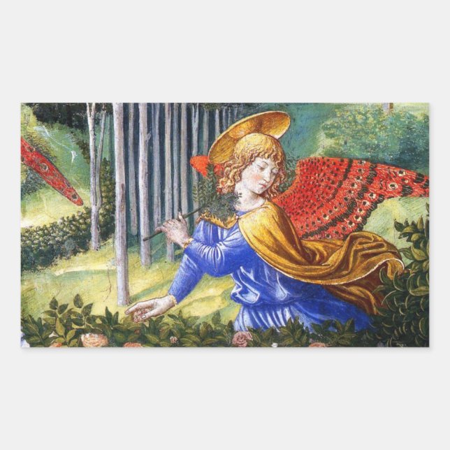 Angel Gathering Flowers in a Heavenly Landscape Rectangular Sticker (Front)